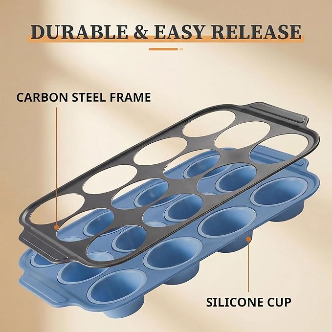 Rigid-Frame Silicone Muffin Pan for Baking,No-Spill Easy-Transfer Design,Reinforced Steel Frame, Non-Stick & Dishwasher Safe,12-Cup Regular Size Muffin & Cupcake Pan Bakeware for Oven (Blue 1pcs)