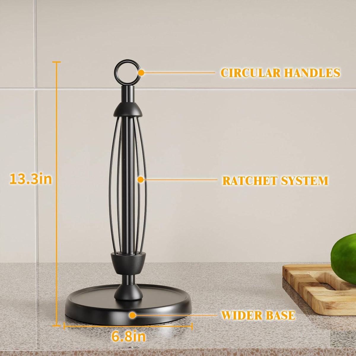 Black Paper Towel Holder Countertop, One-Handed Tear, Stainless Steel, Weighted Base, Ring Paper Towel Holder Stand with Ratchet System for Kitchen Farmhouse Essentials Decor
