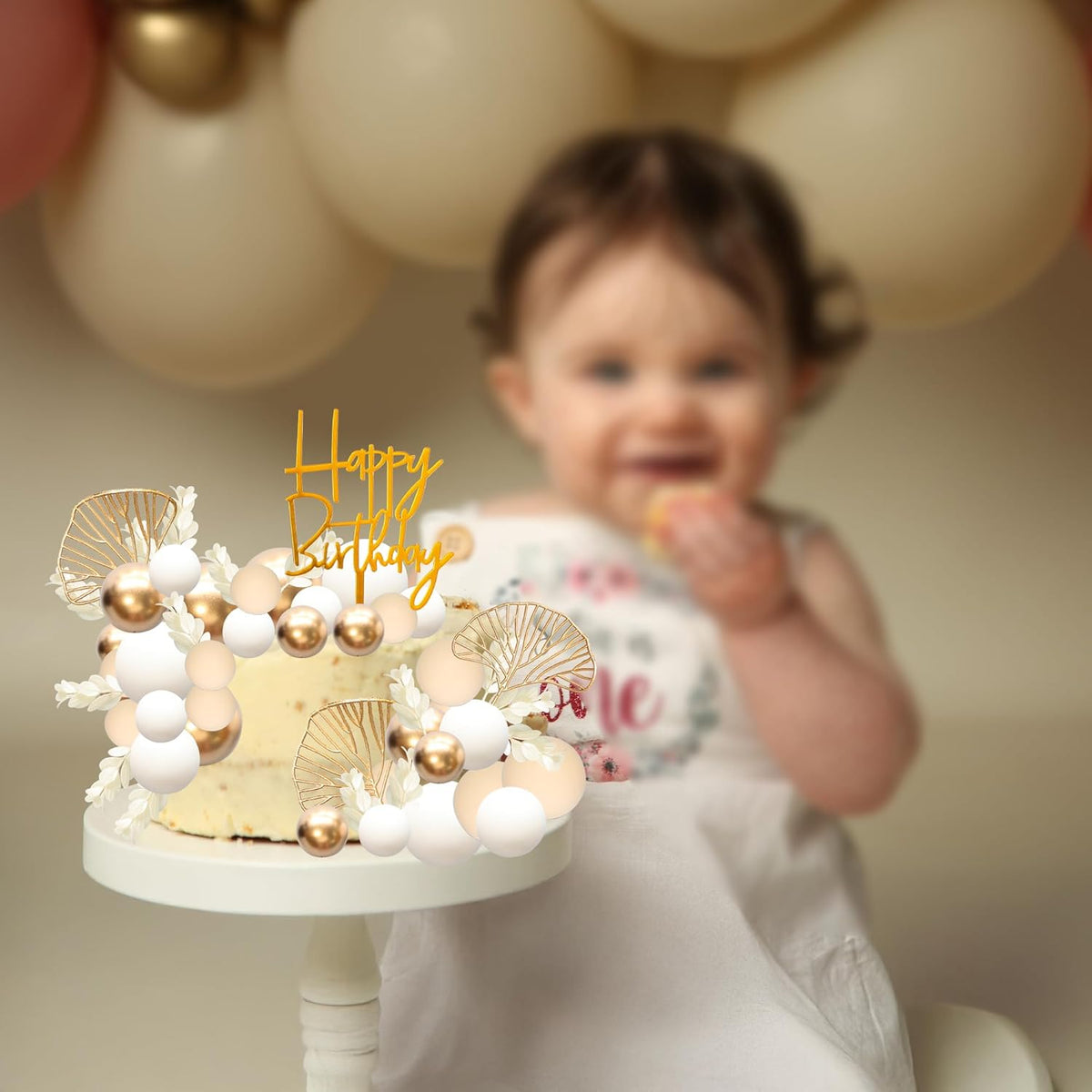 Gyufise 57Pcs Khaki Balls Cake Topper Boho Grass Cake topper Pearl Balls Acrylic Happy Birthday Cake Decorations for Wedding Baby Shower Birthday Boho Themed Party Supplies Khaki White Gold