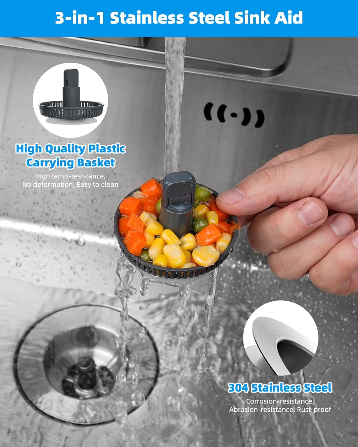 Hibbent Upgraded 3 in 1 Kitchen Sink Drain Strainer and Stopper Combo, Stainless Steel Metal Pop Up Sink Stopper with Foldable Handle, 3 Anti-Clogging Baskets, Fit for US Standard 3-1/2 Inch Drain