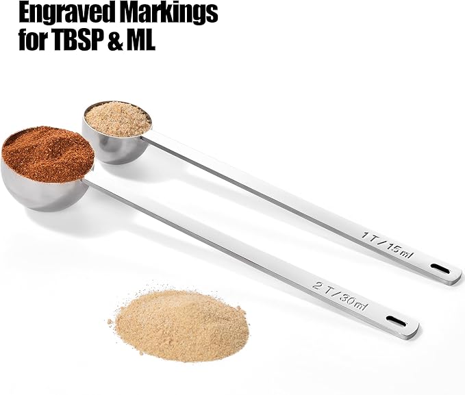 Doosu 18/8 Stainless Steel Food-Grade Measuring Coffee Scoop with 6.9in Long Handle (1 & 2 Tbsp) and 600°F Heat Resistant Silicone Jar Scraper Spatula (Aqua Sky)