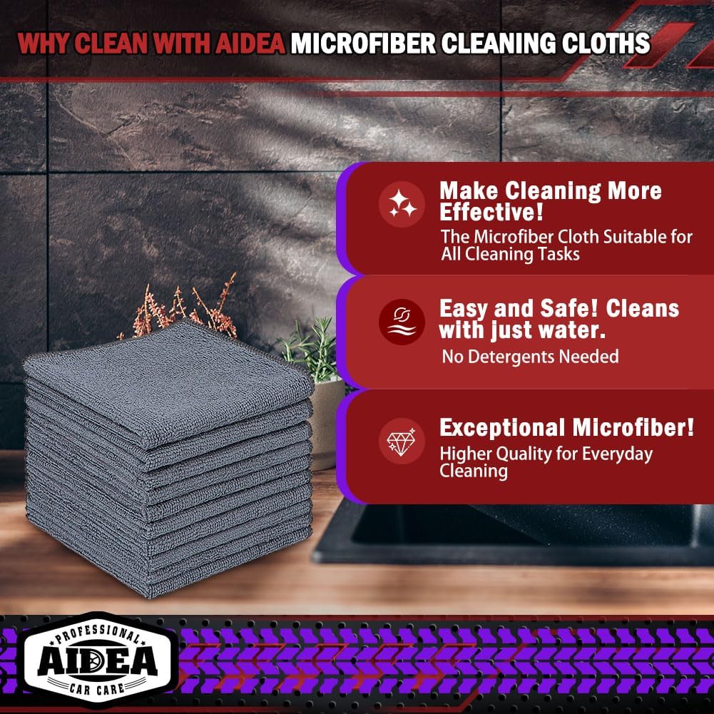 AIDEA Microfiber Cleaning Cloth Grey 20PK, Micro Fiber Cloth for Cleaning Cars, Premium All Purpose Car Towels, Dusting Cloth Cleaning Rags SUVs, House, Kitchen, Window, Workshops, 12"×12"