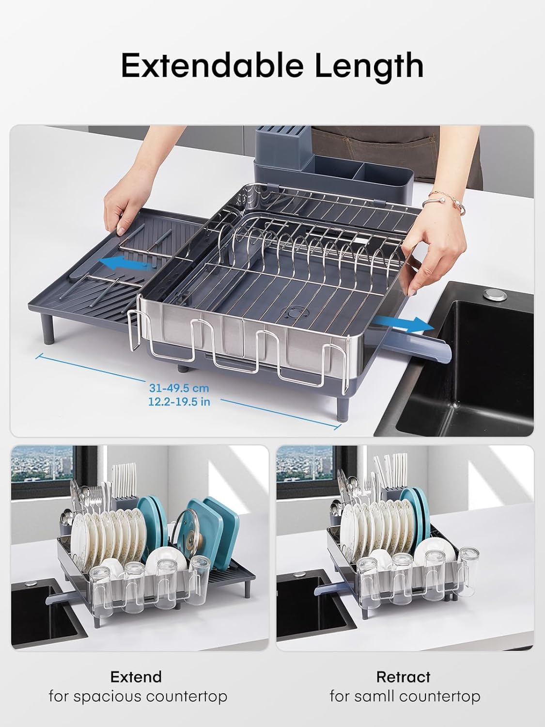 FOHERE Large Dish Drying Rack, Expandable Dish Rack, Stainless Steel Dish Rack for Kitchen Counter, Anti-Rust Dish Drainer with Cutlery & Cup Holders for Dishes, Knives, Spoons and Forks, Grey