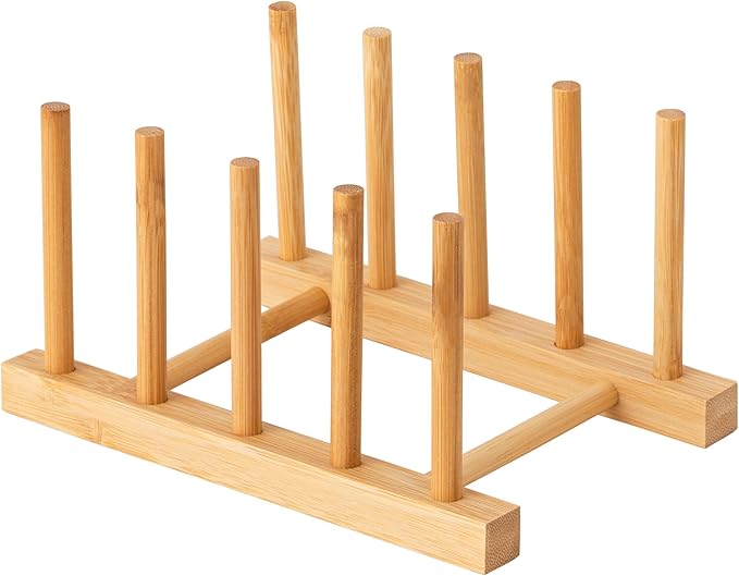 HBlife Bamboo Dish Plate Bowl Cup Book Pot Lid Cutting Board Drying Rack Stand Drainer Storage Holder Organizer Kitchen Cabinet（Keep Dry）