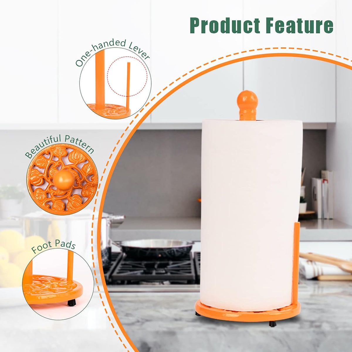 Cast Iron Paper Towel Holder, Vintage Chic Pumpkin Pattern Weighted Base Roll Paper Towel Holder Stand for Kitchen Bathroom Countertops, Orange