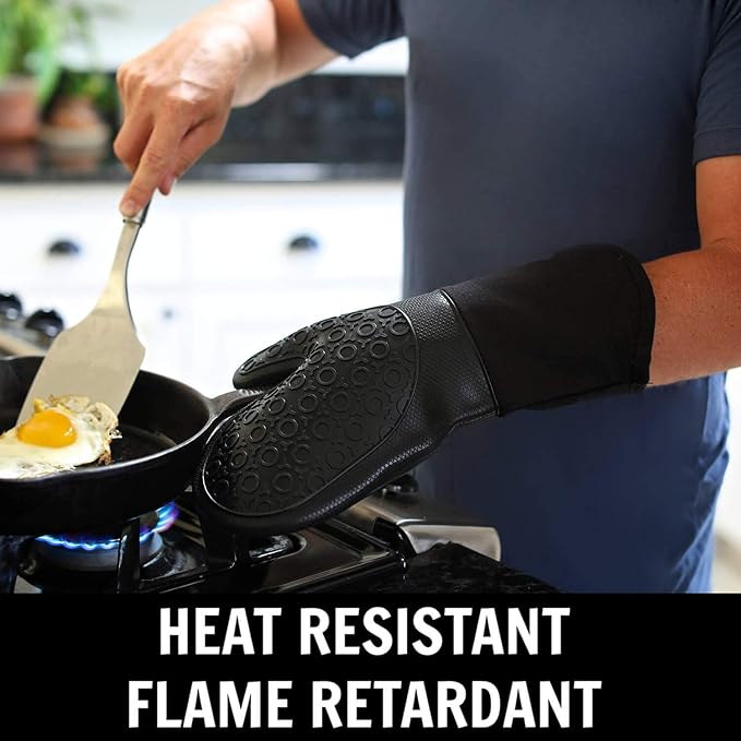 BPA-Free Soft Silicone 4 Piece Oven Mitts & Trivets Set - Ultra Heat Resistant Oven Mitts with Thick Cotton Liner - Long Slip Resistant Pot Holders, Flexible Oven Gloves - Empire Red