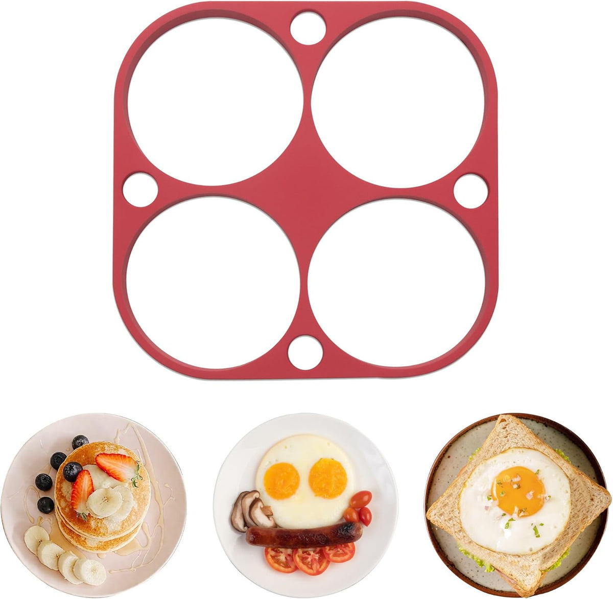 Baker's Friend 4-Round Silicone Egg Rings for Frying Eggs & Pancake, Pancake Shaper, Non-Stick & Heat-Resistant, Red