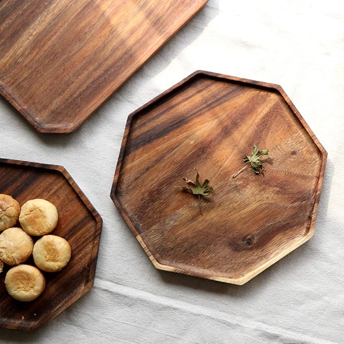 Set of 2 Acacia Wooden Trays Serving Platters Round Square Veggie Serving Tray Decor Bread Charcuterie Board Fruit Hosting Essentials Cheese Platter Vegetable Food Dish Charger Plate Charcuterie Board