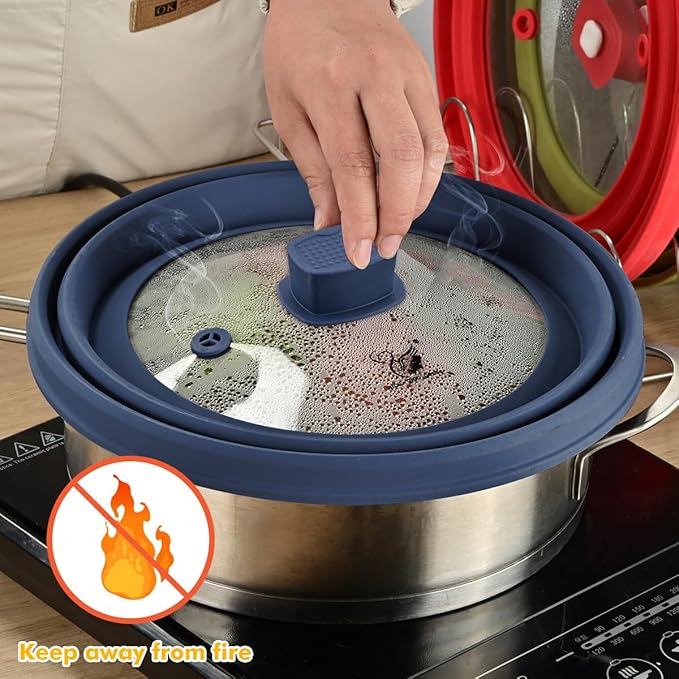 Microwave Splatter Cover Glass Guard Lid with Collapsible Silicone for Food Pot Plate Cover 9.8 inch Dark Blue