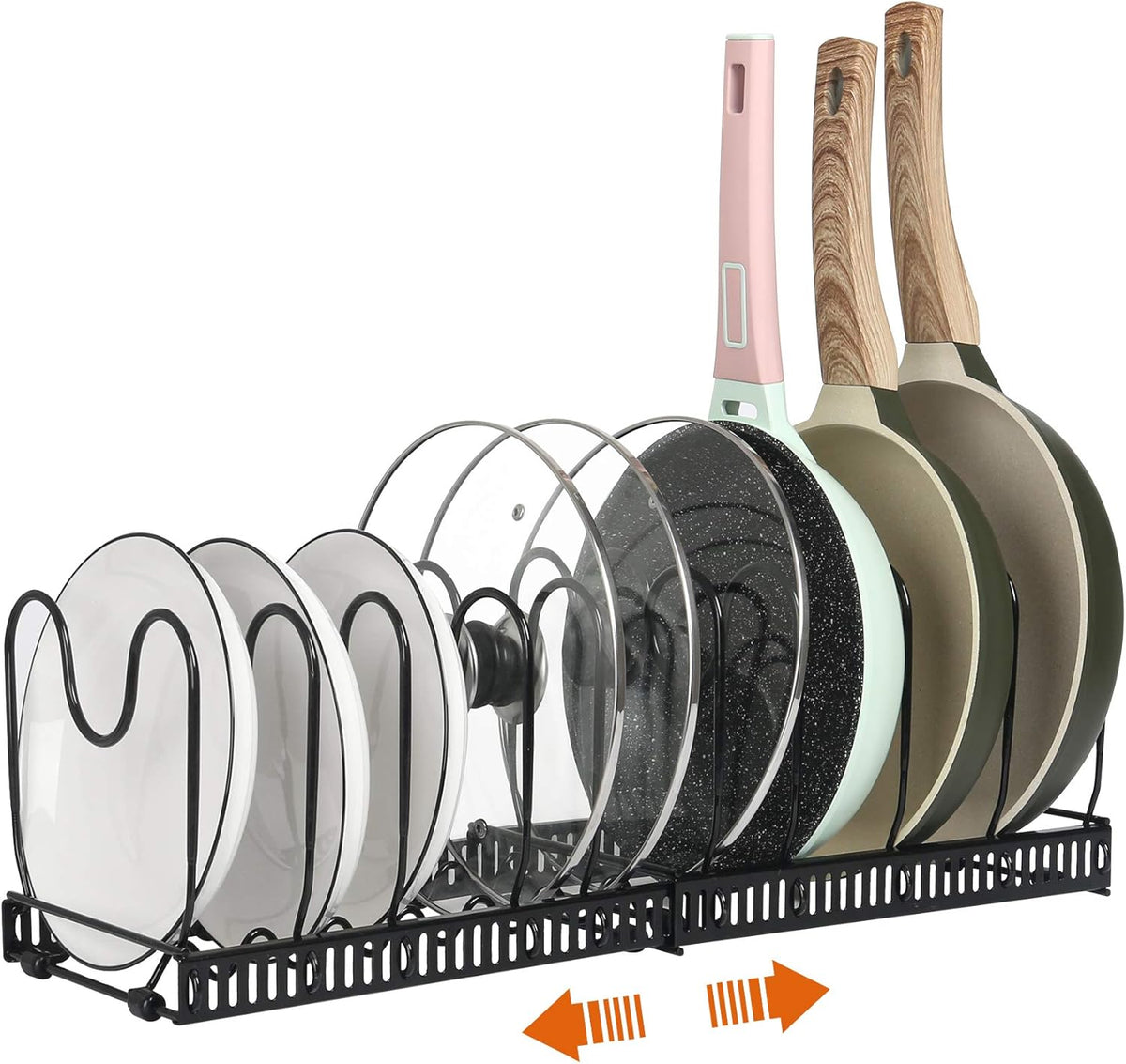 ROOHUA Pot Rack -Expandable Pan Organizer for Cabinet, Lid Holder with 10 Adjustable Compartment for Kitchen Cabinet Cookware Baking Frying Rack
