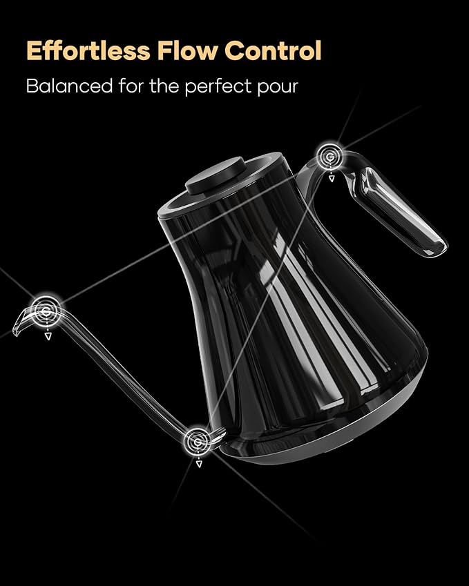 Cocinare Barista Collection Gooseneck Electric Kettle, ±1℉ Precise Temperature Control for Pour-Over Coffee & Tea, Quick Heating 1500W, Stainless Steel Interior, 0.9L (Soulages Black)