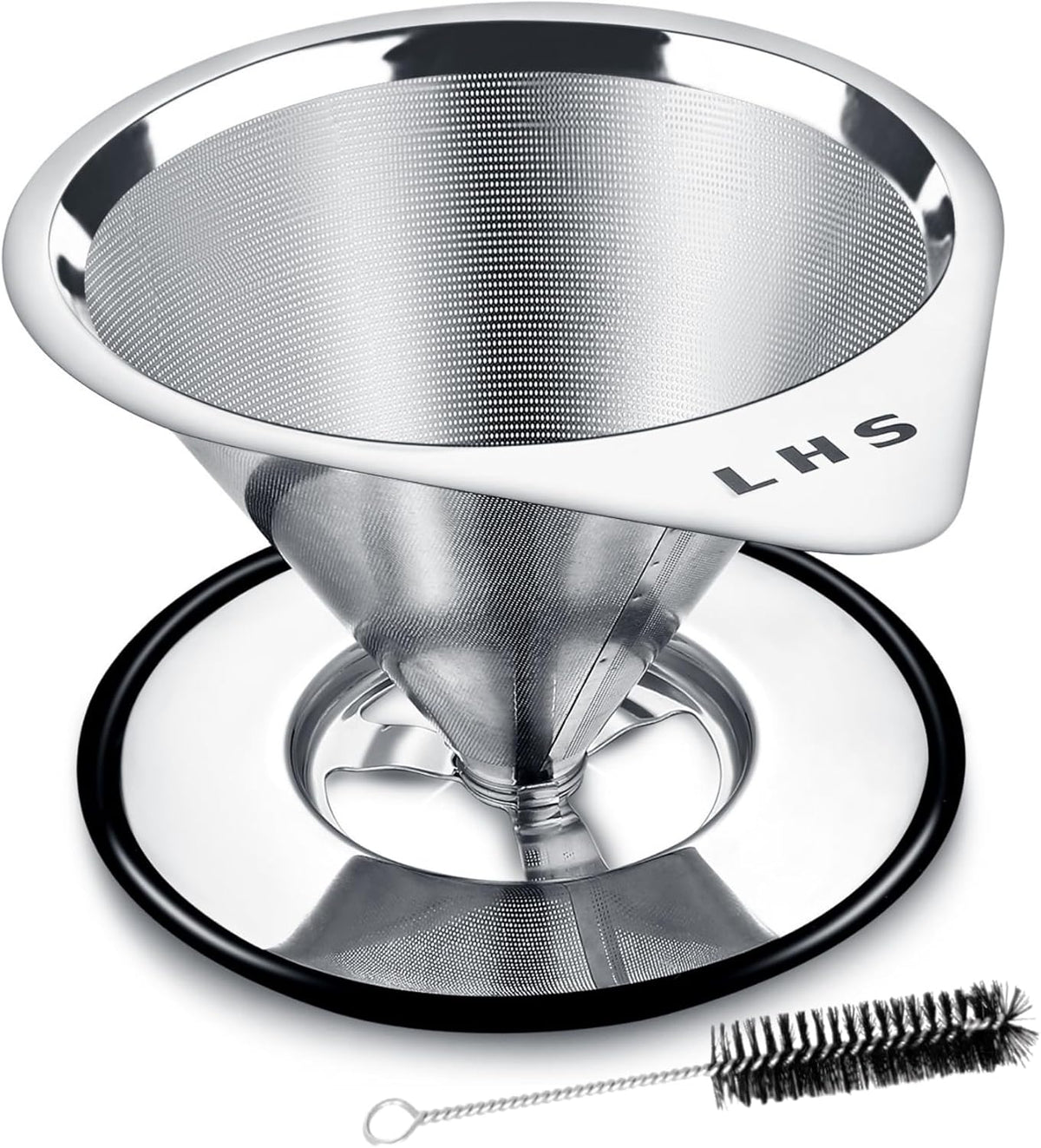 LHS Pour Over Coffee Dripper Stainless Steel Coffee Filter Metal Cone Filter Paperless Reusable Coffee Filter Single Cup Coffee Maker 1-2 Cup With Non-slip Cup Stand and Cleaning Brush