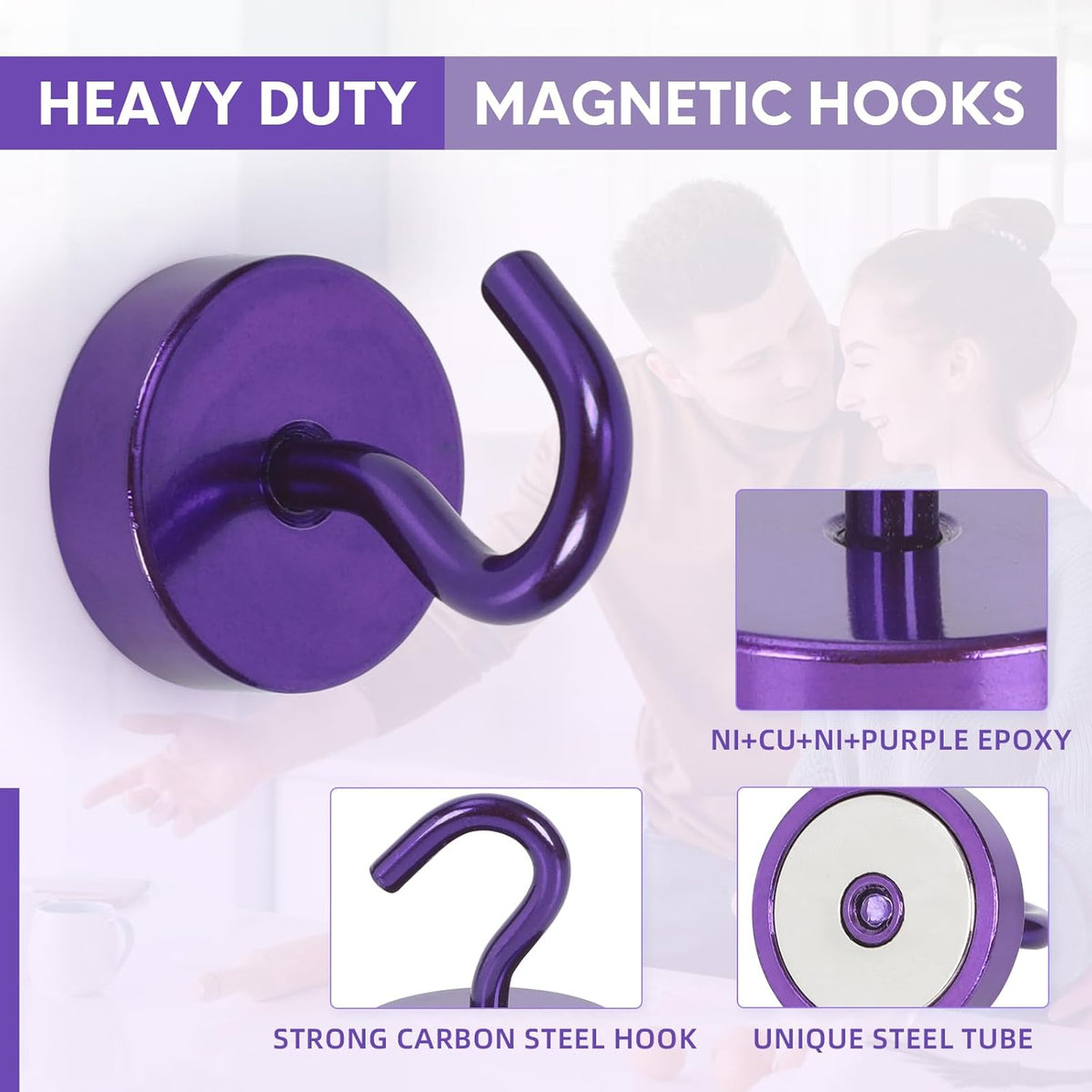 Neosmuk Magnetic Hooks, Cruise Ship Essentials, 40lb+ Heavy Duty Magnetic Hooks for Cruise Cabins, Refrigerator, Grill, Hanging, and Travel | Extra Strong Must-Haves Magnet Hook,Purple,Pack of 10