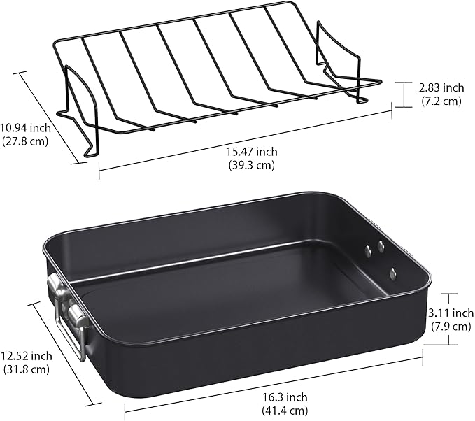 CHEFMADE Roasting Pan, 16-Inch Non-Stick Turkey Roaster Lasagna Pan with Rack - Rectangular Deep Dish Chicken Roaster Pan 16.3" x 12.52" x 3.11"(Black)