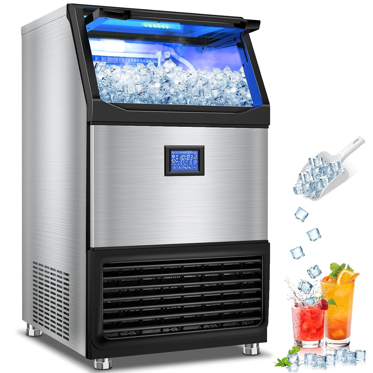 Commercial Ice Maker Machine, 500 lbs/24H with 132 lbs Storage Bin, 162 Ice Cubes in 6–20 Mins, Self-Cleaning, Stainless Steel Large Undercounter/Freestanding Ice Maker for Home, Bar, Restaurant