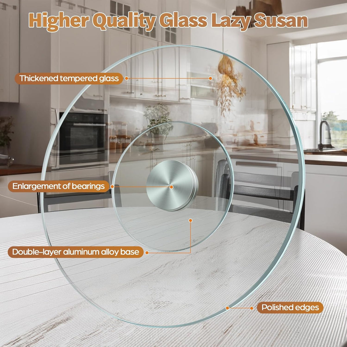 35" Glass Lazy Susan for Dining Table - Tempered Glass Round Clear Tabletop Large Rotating Tray, Silent & Smooth Spin (35inch/90cm)