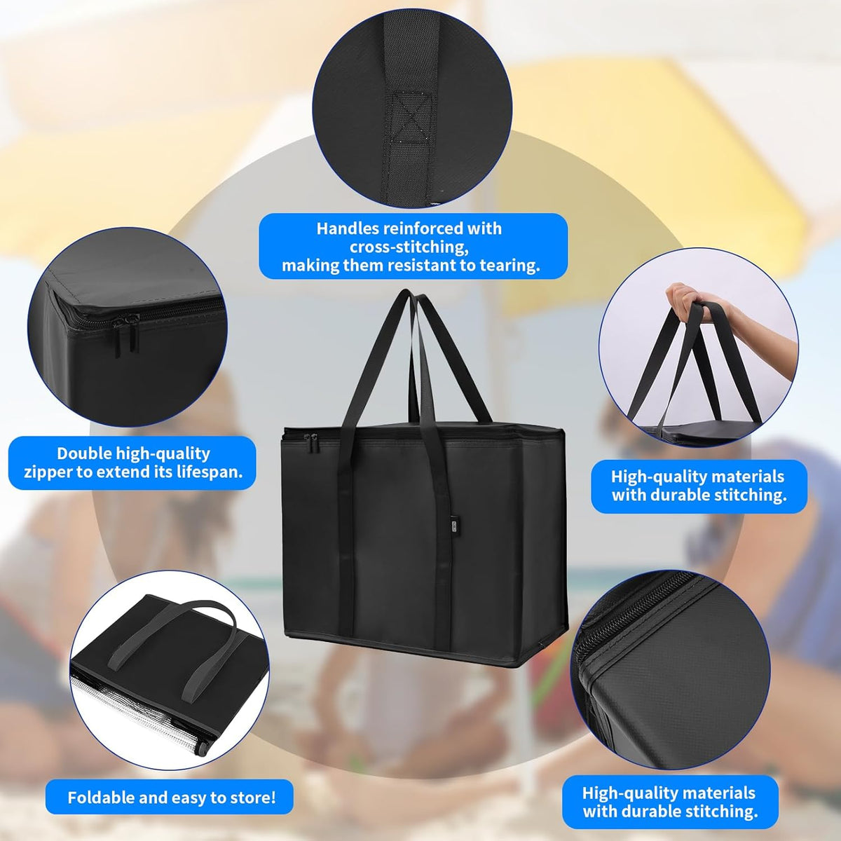 2-Pack Cold Storage Food Bag, Insulated Grocery Bags for Delivery, Heavy Duty Reusable Bags with Zippered Top, Foldable and Durable for Frozen Foods and Shopping Black