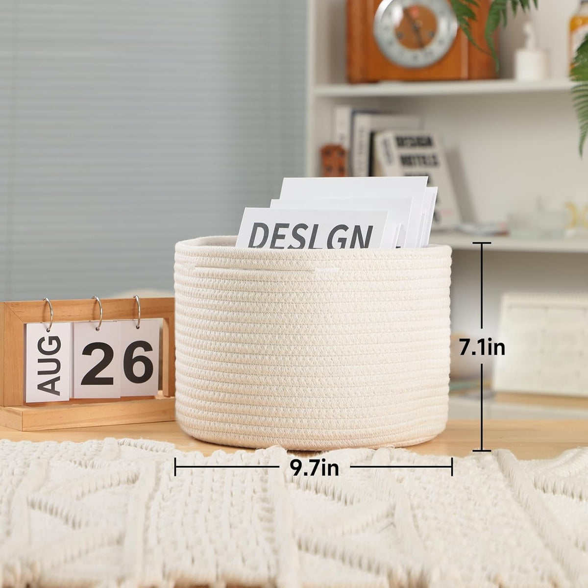Small Basket for Organizing | Cube Shelf Closet Storage Baskets | 9.7×9.7×7.1” | Woven Rope Gift Basket | Nursery | Round 3 Packs Off White