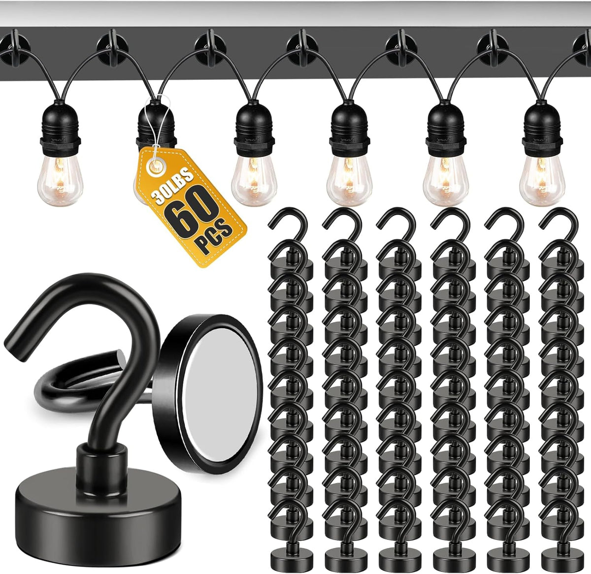 DIYMAG Outdoor Hooks for Hanging String Lights, Balck Magnetic Hooks Strong 30lbs+ Hanging Party Light Wall Cable for Outside Cruise Cabin Refrigerator Fridge Grills Must Have 60PCS