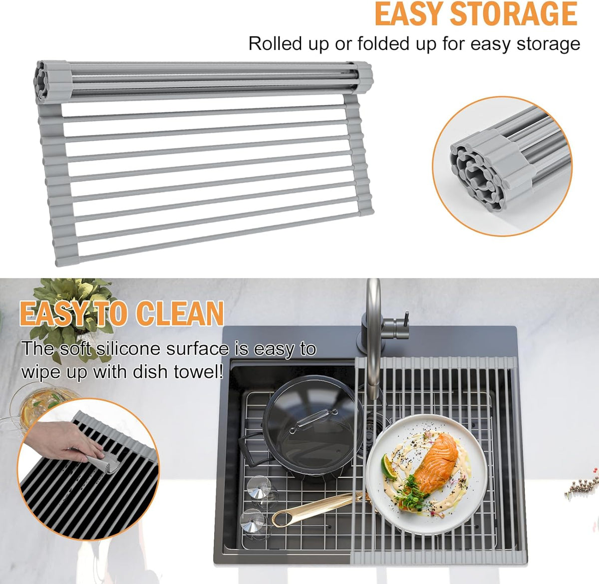 LEMIKKLE Roll Up Dish Drying Rack 17" x 13", Over The Sink Dish Drainer Rack, Foldable Sink Drying Rack, Anti-Slip Silicone Wrapped Dish Drainer for Kitchen Counter (Grey 17" x 13")