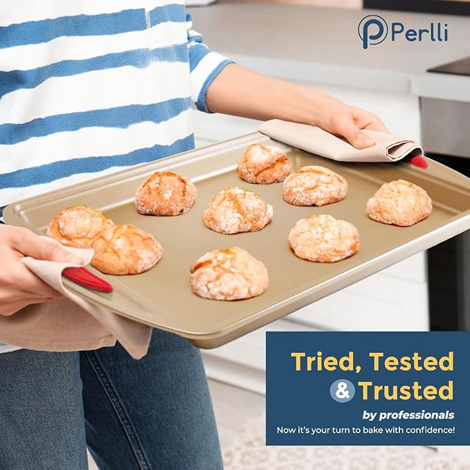 Perlli 10 Piece Baking Set - Nonstick Gold Steel Oven Bakeware With Silicone Handles, Cookie Sheets, Round Cake Pans, 9x13 Pan With Lid, Loaf Pan, Deep Pan, Pizza Crisper, Muffin Pan