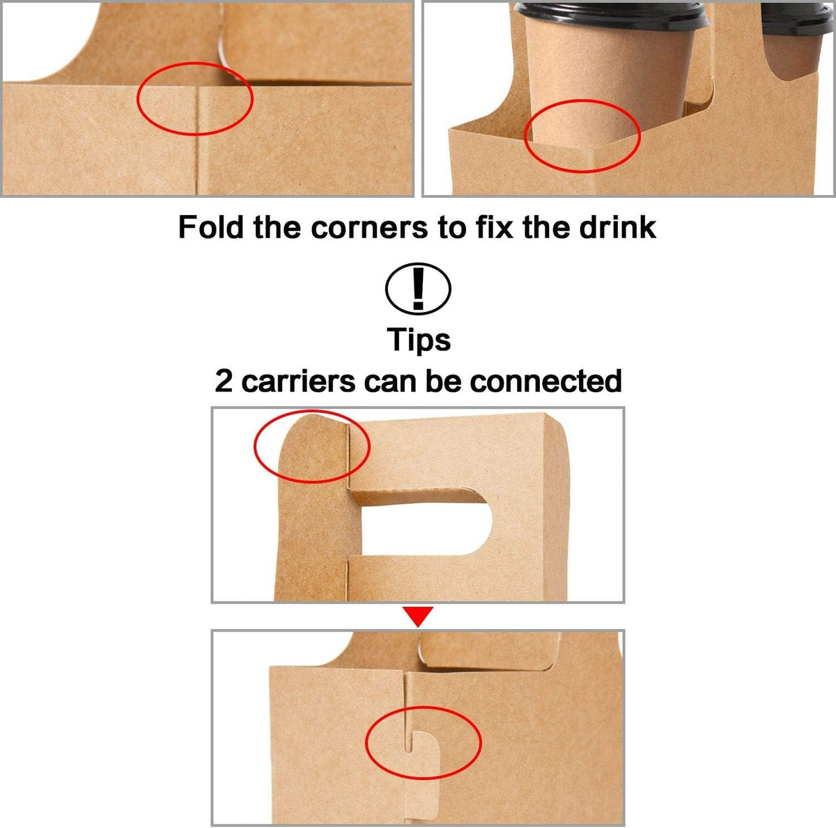 100 Pack Kraft Drink Carrier with Handles - 2 Cups or 4 Cups Assemblable Disposable Paperboard Drink Holders Great for All Your Drink and Food Delivery(2 Cup-100 Pack)
