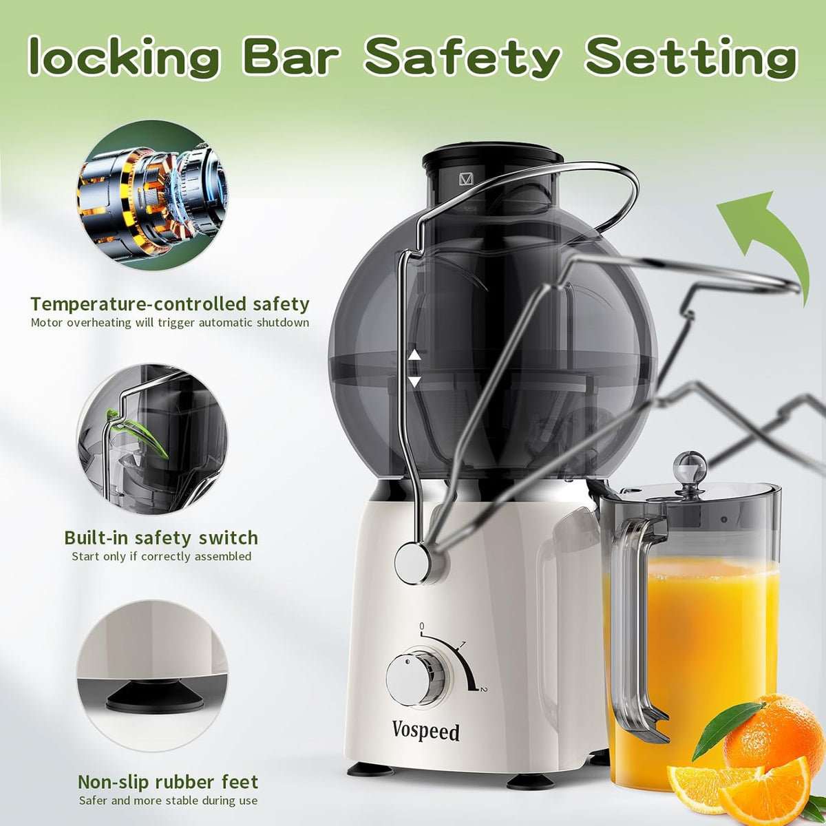 Juicer Maker,Vospeed Juicer Machines,750W juicer machines vegetable and fruit,With 3.5-Inch Wide-Mouth Feed Chute,Juice Extraction at Constant Temperature,With 1.2L Cup, BPA-Free,Easy to Clean (White)