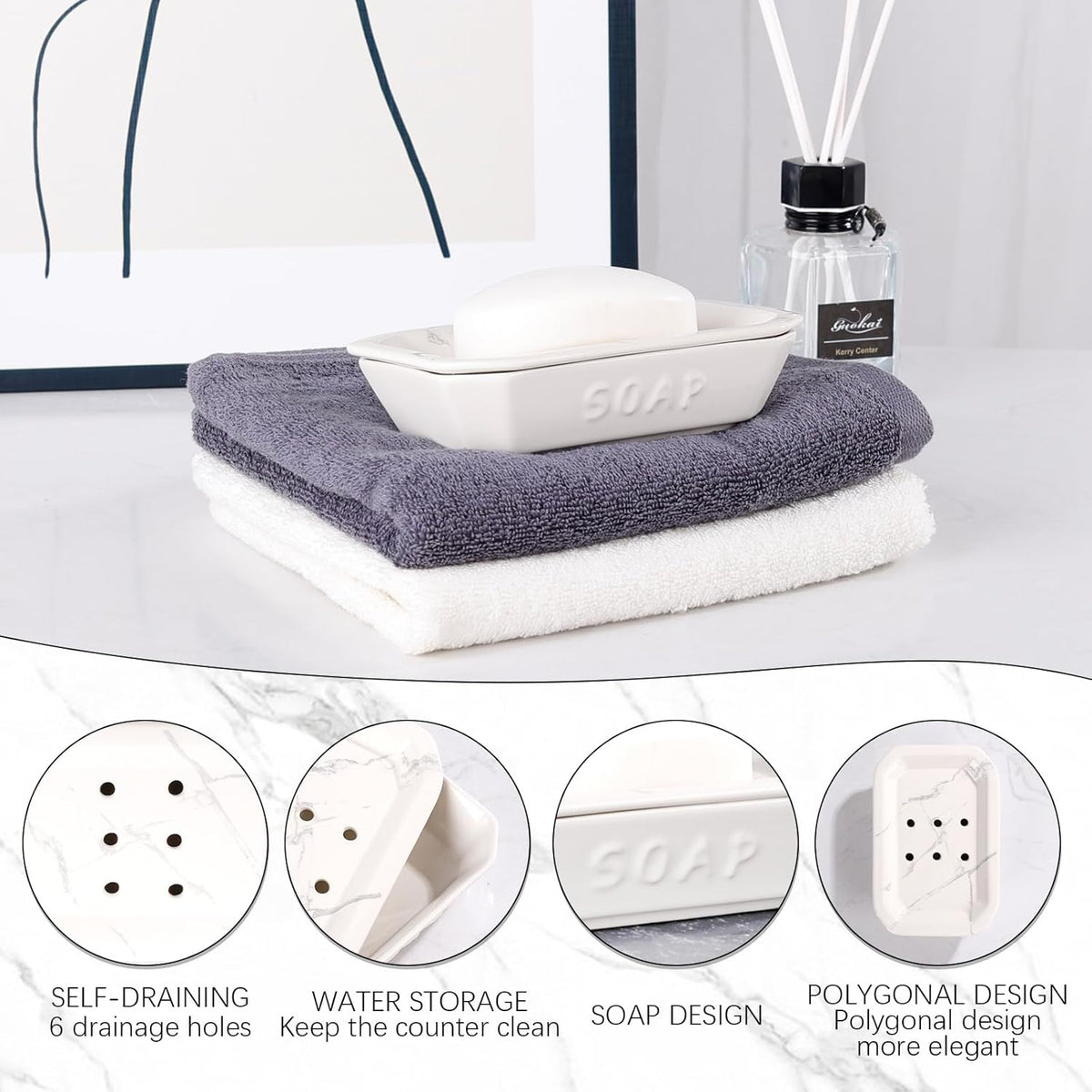 Soap Dish, Ceramic Self-draining Soap Holder, Double Layer Bar Soap Holder with Drain, Soap Dishes for Bathroom Shower Kitchen, Easy to Clean Keep Soap Dry, Off-white with Marble Pattern, ANTIS'S HOME