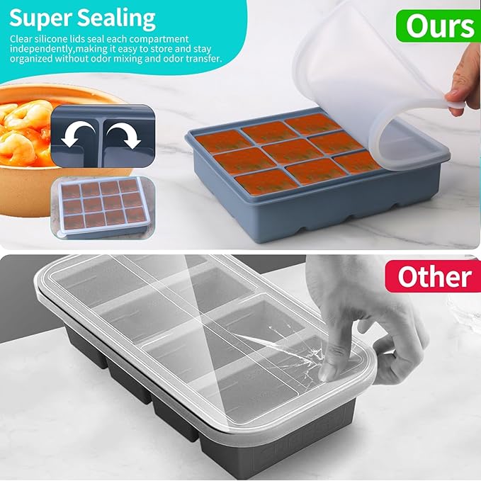 Silicone Freezer Trays with Lids, 1/2 Cup Silicone Soup Freezer Molds Set of 1, for Freezing Soups Sauces and Individual, Microwave safe, Makes 12 Perfect 1/2 Cup Portions Cubes (Blue 1 Pack)