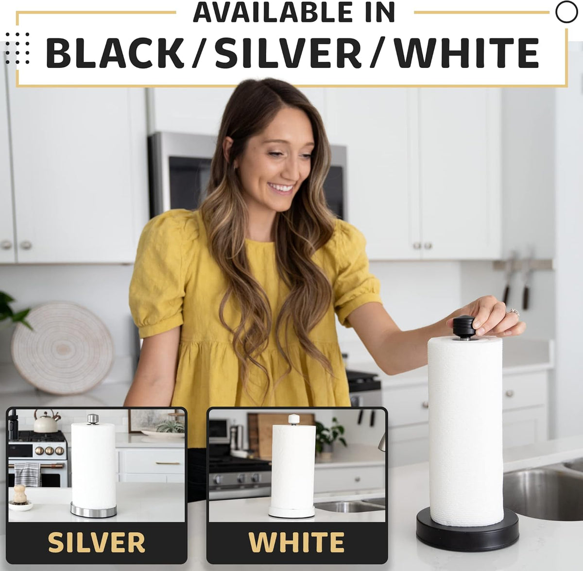 Stainless Steel White Paper Towel Holder Designed for Easy One-Handed Operation - This Sturdy Weighted Paper Towel Dispenser Countertop Model Has Suction Cups and Holds All Paper Towel Rolls