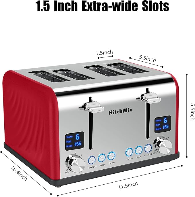 Toaster 4 Slice, KitchMix Bagel Stainless Toaster with LCD Timer, Extra Wide Slots, Dual Screen, Removal Crumb Tray (Red)