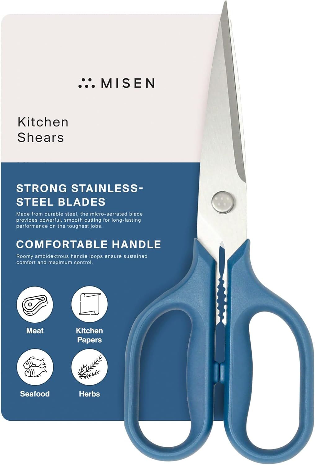 Misen Heavy Duty Kitchen Shears - Stainless Steel, Versatile and Easy Clean Scissors for Meat, Herbs and Veggies - Ambidextrous Comfort Handle - Professional Grade - Blue