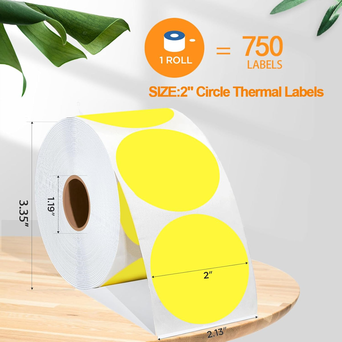 2 Inch Circle Thermal Sticker Labels, 2" Self-Adhesive Round Thermal Stickers for Business-750 Labels/1 Roll (Yellow)
