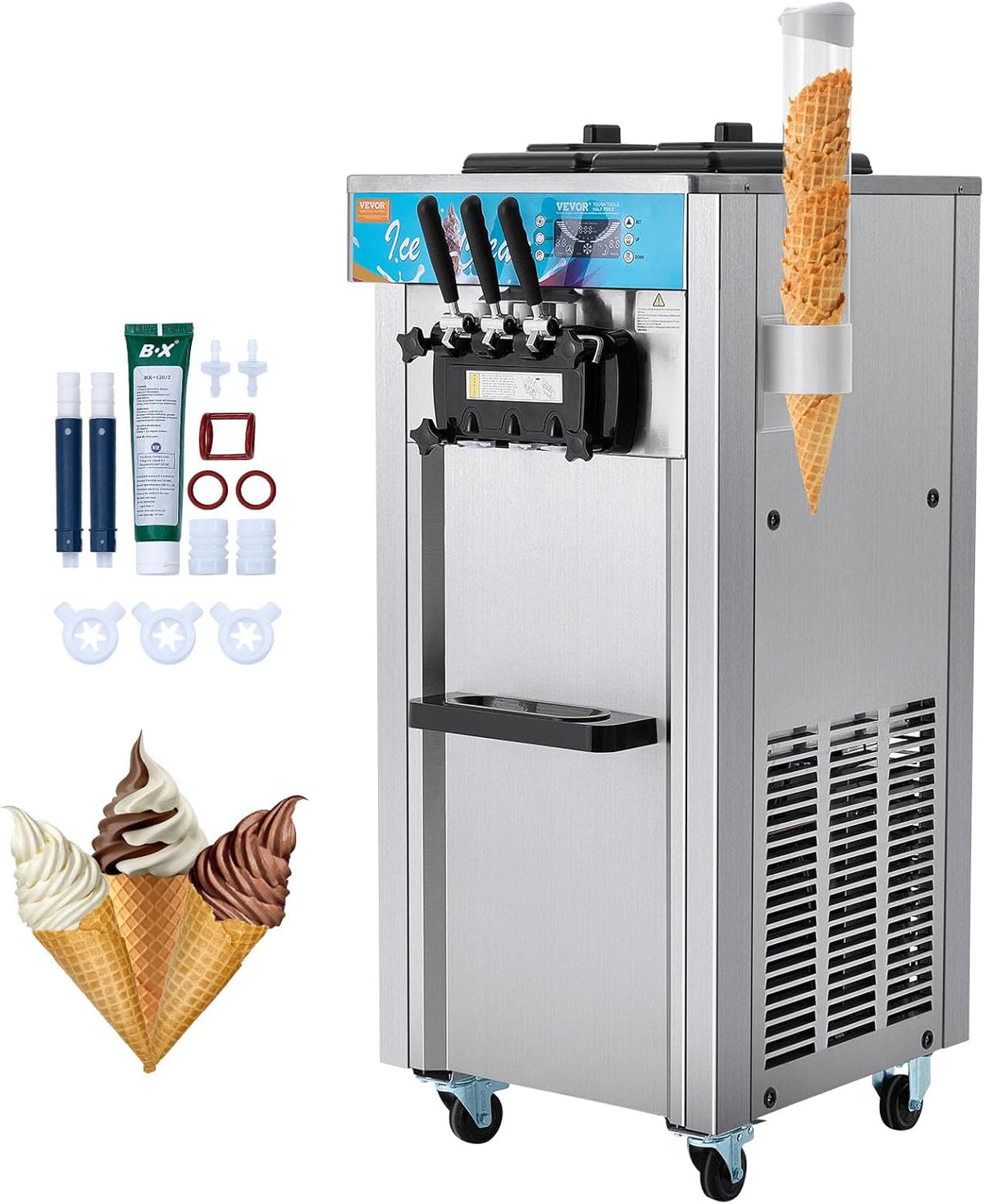 VEVOR Commercial Ice Cream Machine, 21-31 L/H Yield, 1800W 3-Flavor Freestanding Soft Serve Ice Cream Maker, 2 x 5.5L Stainless Steel Cylinder, LED Panel Auto Clean Pre-cooling, for Restaurant Bars