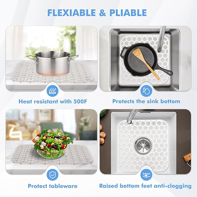 Bestjing 2 Pack Silicone Sink Protectors for Kitchen Sink - 12" x 11" Kitchen Grid Accessory, Non-Slip Heat-Resistant Mat for Bottom of Porcelain Stainless Steel, Dishwasher Safe (White)