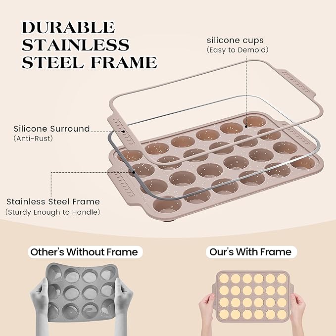2 Pcs Silicone Muffin Pans for Baking with Metal Reinforced Frame, Nonstick Cupcake Tray for Oven, 24 Cups Mini Size Silicone Molds for Egg Bites, Dishwasher Safe (Brown, Cream)