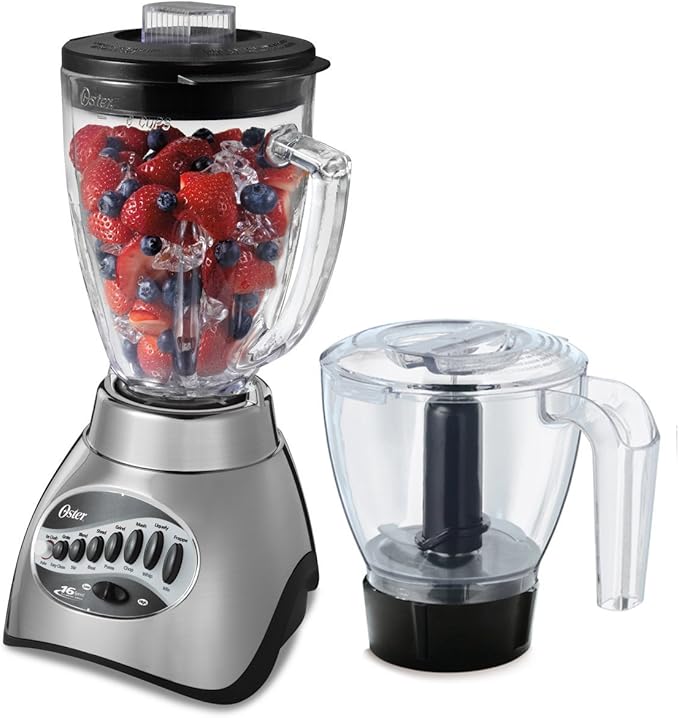 Oster Classic Series 16-Speed Blender with Food Chopper & 5-Cup Glass Jar, Countertop Kitchen Blender, Brushed Nickel