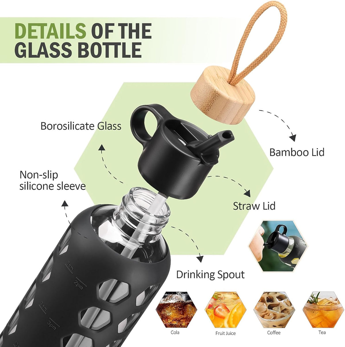 MUKOKO Glass Water Bottles, 32oz Glass Tumbler, Drinking Bottles with 2 Lids-Handle Flip Straw Lid&Bamboo Lid, Motivational Water Bottle with Time Marker and Silicone Sleeve, Leakproof-1 Pack-Black