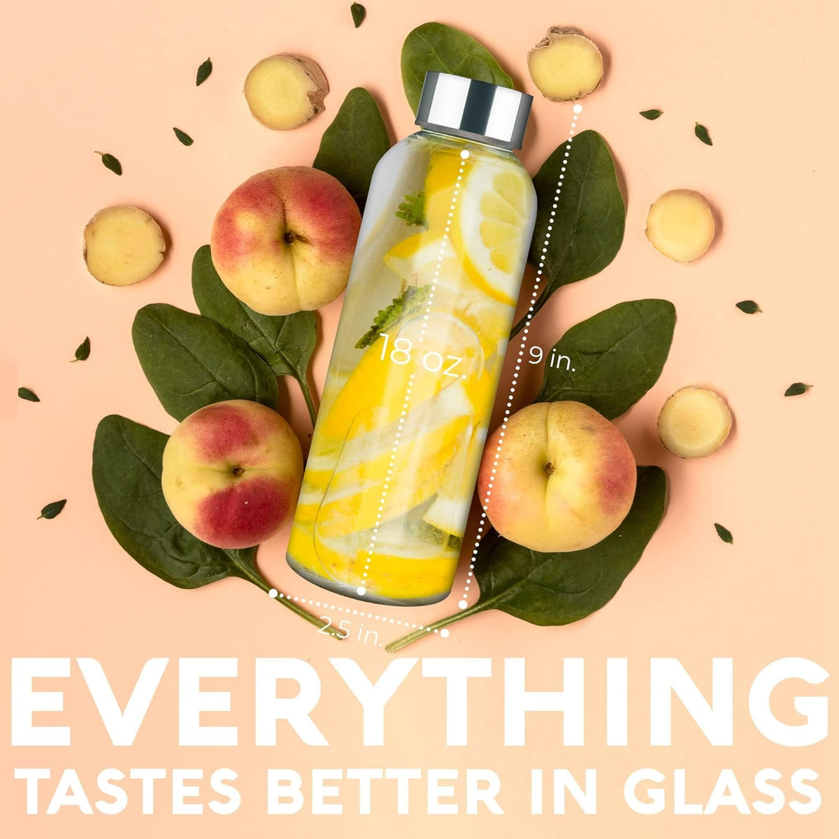 Epica 18-Oz Glass Water Bottles with Lids, Juice Bottles - BPA Free & Eco-Friendly Reusable Refillable Bottles for Juicing, Set of 4 - Clear