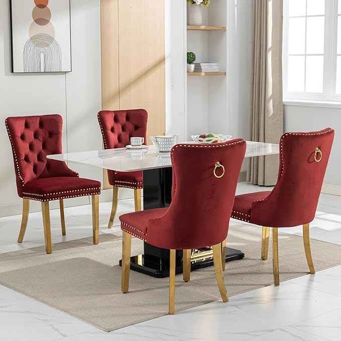 Velvet Dining Chairs Set of 6, Kitchen Chairs Set of 6, Tufted Upholstered Dining Room Chair, Back Ring Pull Trim, Golden Stainless Steel Legs, Wine Red
