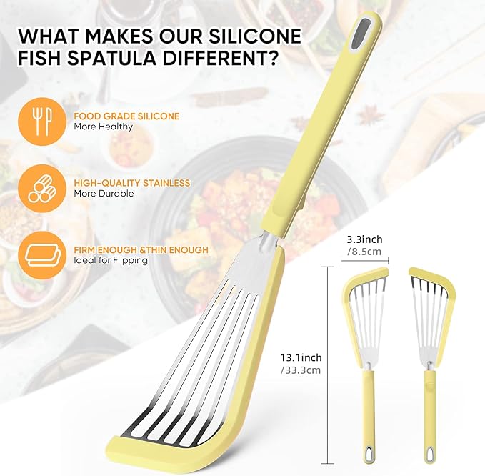 Nonstick Fish Spatula,Maywe Tanso Thin Slotted Spatulas Turner Silicone Fish Spatulas for Nonstick Cookware,High Heat Resistant BPA Free Cooking Utensils,Ideal for Fish,Eggs,Pancakes