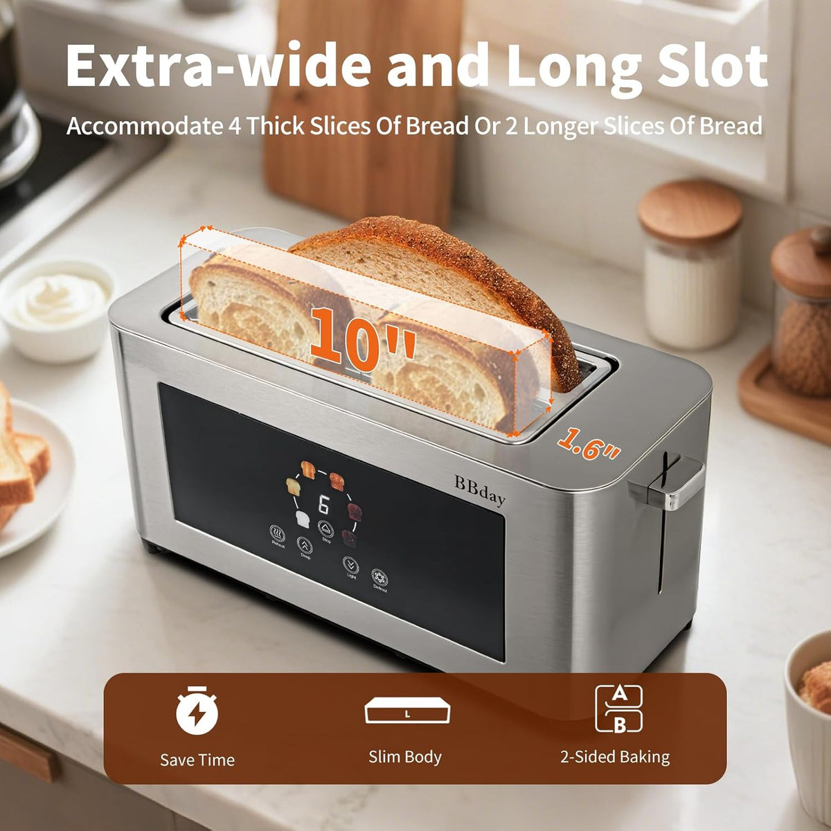 Toaster 4 slice with Touch Screen LCD Display, Extra Long Wide Slots Toaste, Smart Toaster with 6 Browning Levels, Defrost, Reheat & Removable Tray, Stainless Steel