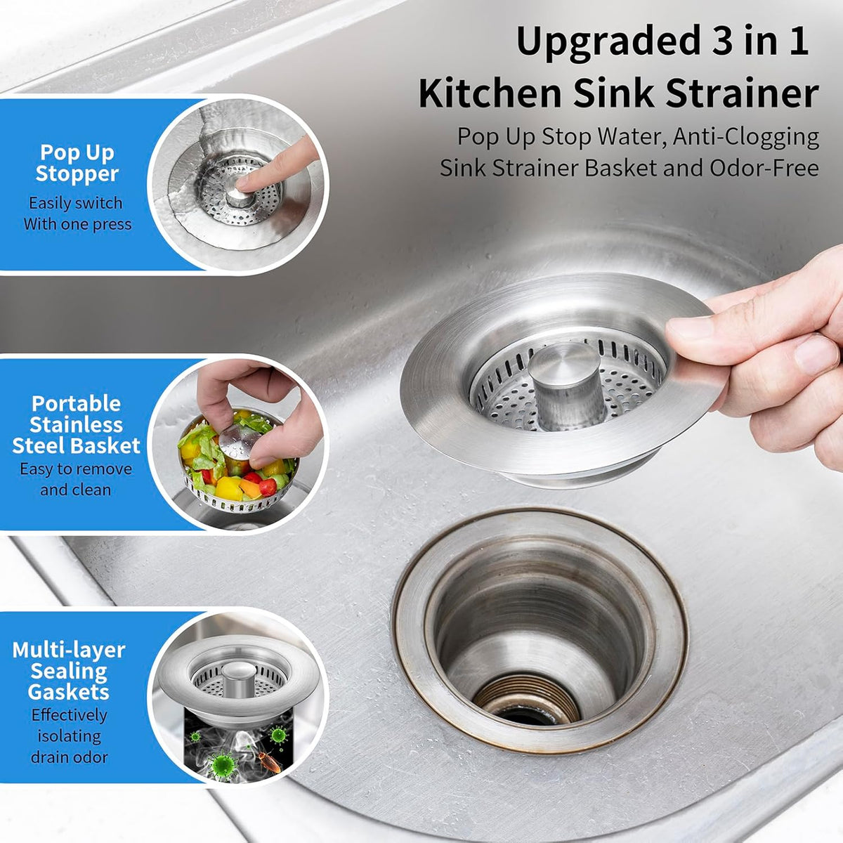 Upgraded 3 in 1 Kitchen Sink Drain Strainer - Stainless Steel Sink Stopper, Anti-Clogging Sink Food Catcher Basket, Fast Drainage Odor Filter Sink Plug for US Standard 3 1/2 inch Drain (Silver-2Pack)