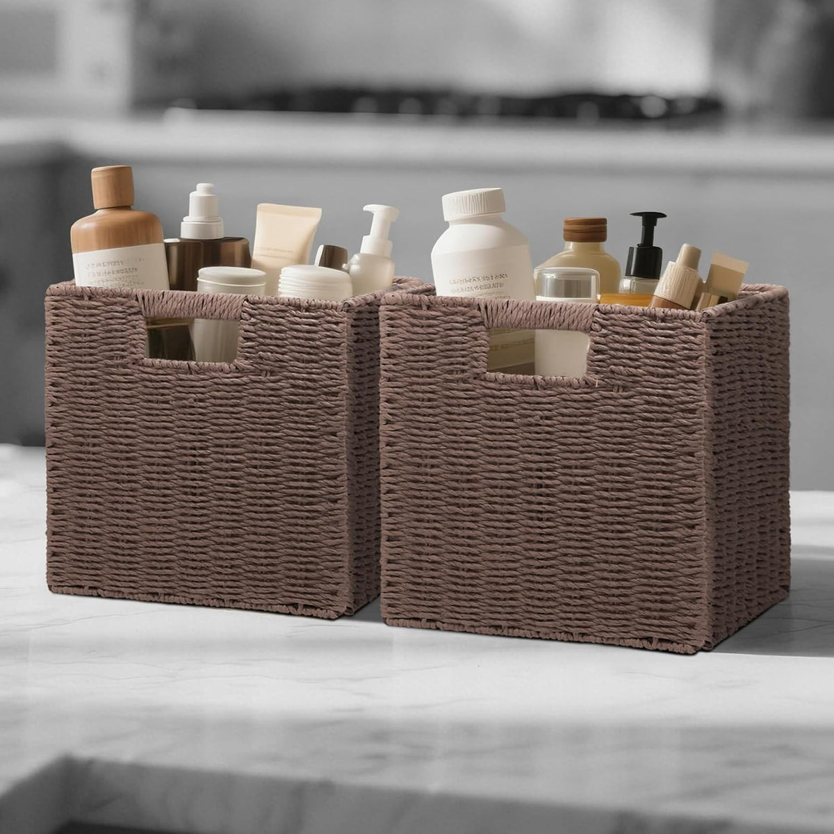 Wicker Storage Baskets for Organizing, 3 Pack Rustic Foldable Square Basket for Shelves, Handwoven Cubby Organizer Bins for Home Decor, Small Cube Storage Bin for Closet Organization (Brown 11 inch)