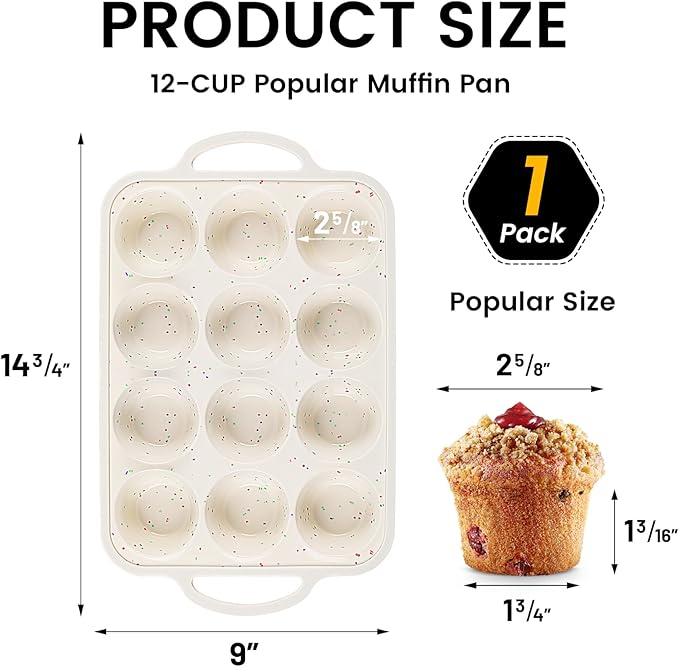 Vinino 1Pack Silicone Muffin Pan for Baking with Metal Reinforced Frame, 12 Cup Regular Size Cupcake Pan, BPA Free Silicone Muffin Tray, Cupcake Baking Pan Molds for Oven Dishwasher Safe - Cream