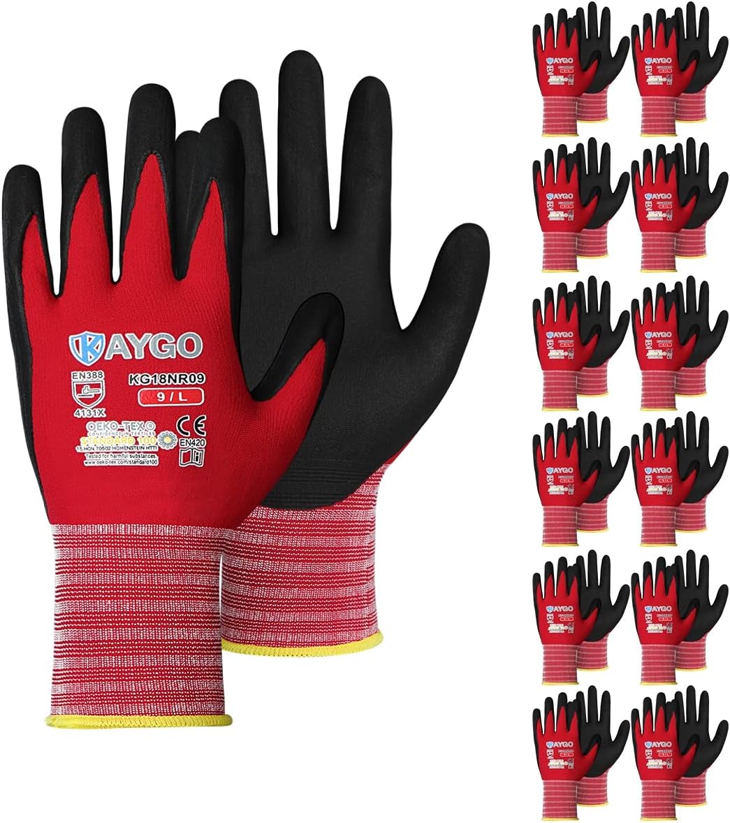 Safety Work Gloves MicroFoam Nitrile Coated-12 Pairs,KAYGO KG18NB,Seamless Knit Nylon Glove with Black Micro-Foam Nitrile Grip,Ideal for General Purpose,Automotive,Home Improvement,Red