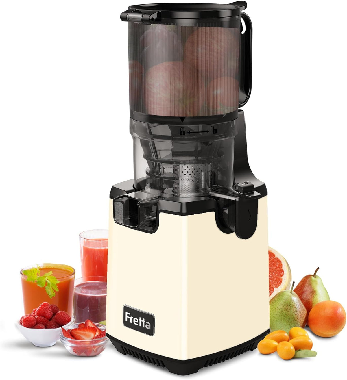 Cold Press Juicer Machines, Fretta 5.3'' Self Feeding Slow Masticating Juicers Fit Whole Fruits & Vegetable Easy Clean Juice Extractor,Tritan Material BPA Free, 250W, White