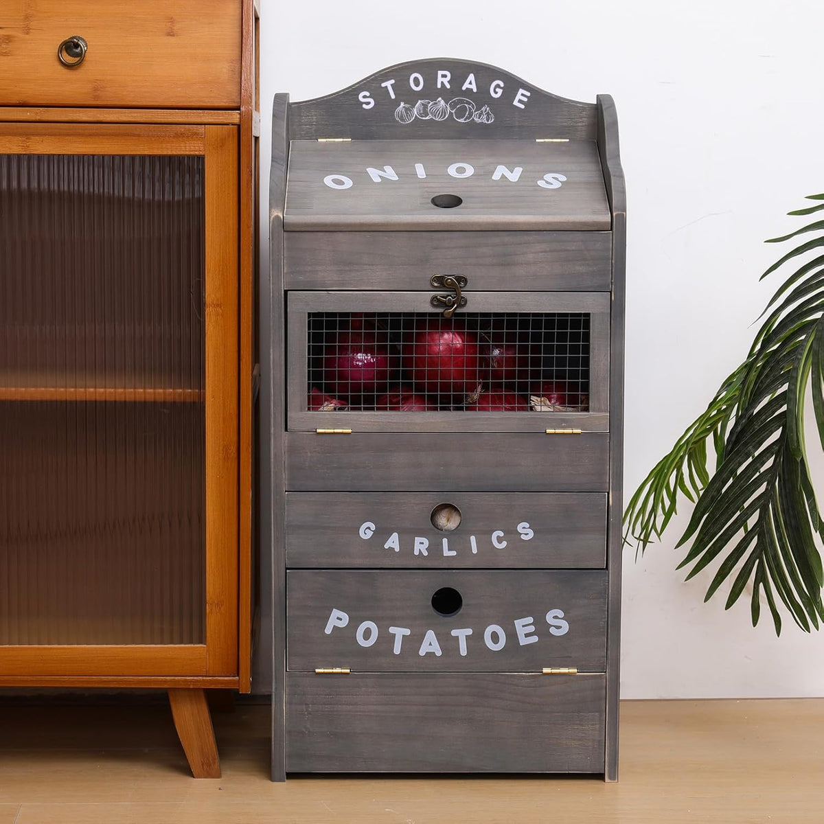 ARTAWEIN Potato Storage Bin Wall-mountable Potato Box with Lid Rustic and Garlic Drawer Onion Organizer with Grocery Section Decorative Vegetable Organization Cabinet for Kitchen