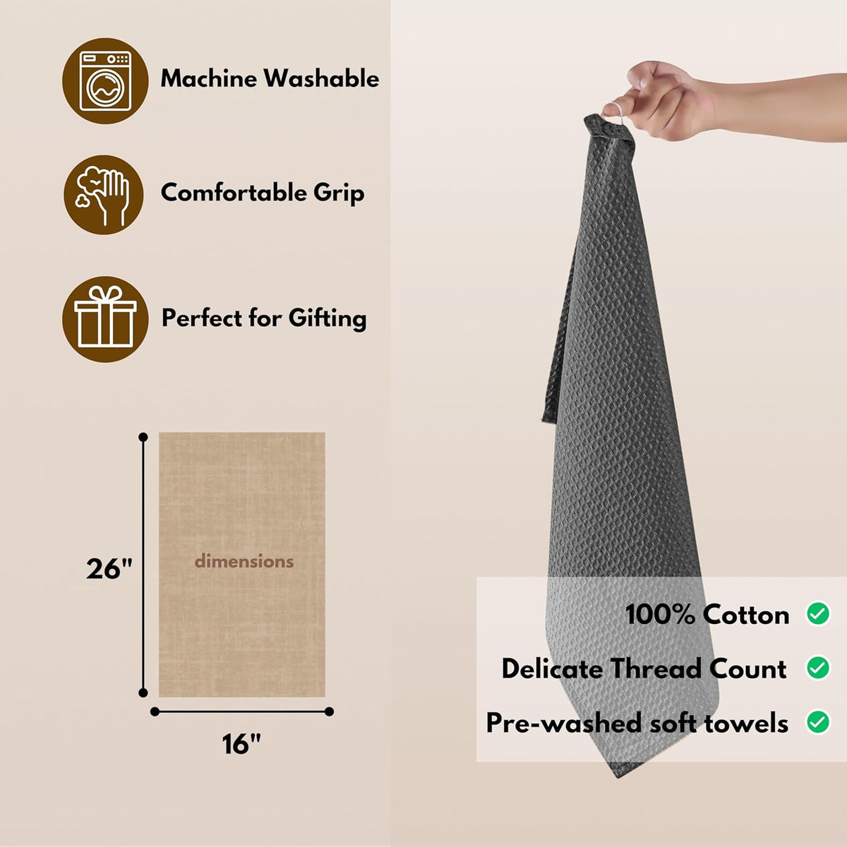 Native Fab Cotton Kitchen Towel with Hanging Loop 16x26 inches, 4-Pack, Waffle Weave Kitchen Towels for Cleaning Drying, Washcloths Soft & Absorbent Cloth Rags, Bar Towel, Dish Cloth, Grey