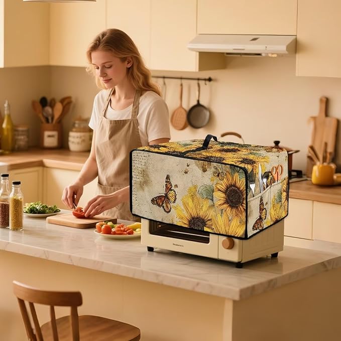 Convection Toaster Oven Cover with Pockets, Easy to Clean, Smart Microwave Baking Oven Dust Cover for Countertop, S, 14.5 x 18.5 x 9 Inches, Retro Sunflower Butterfly